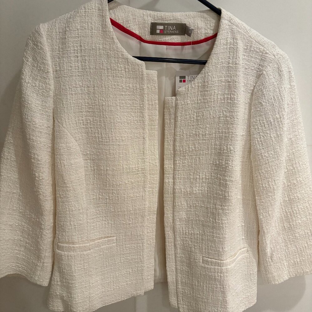 NWT Tina Stephens Ivory Bouclé Textured Jacket M Open Front
